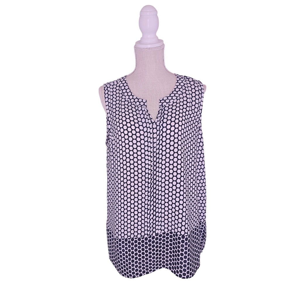Counterparts Womens XL Sleeveless Polka Dot Blouse Navy White Split V-Neck Top